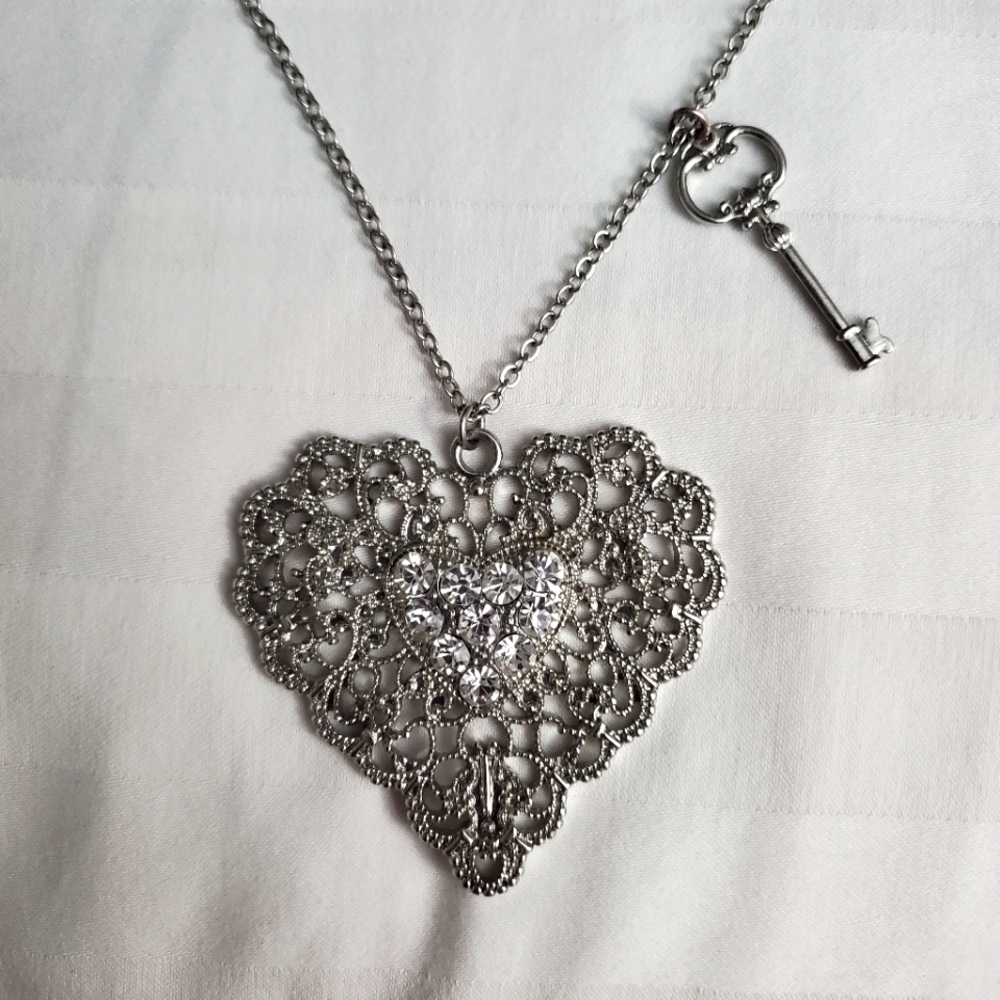 Silver Heart & Key Necklace